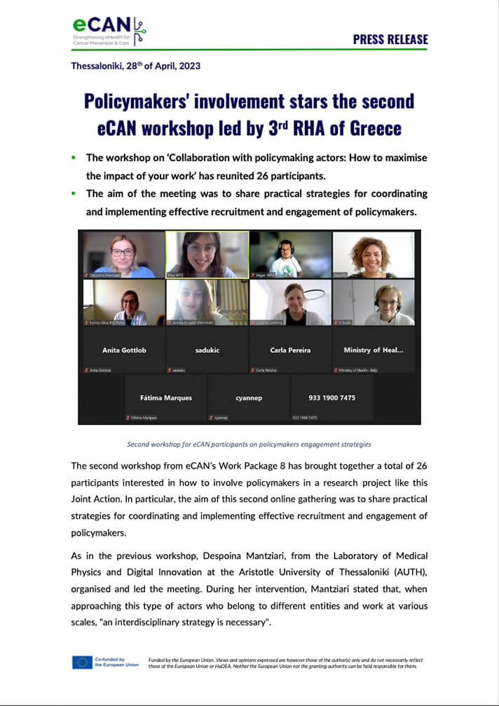 Policymakers’ involvement stars the second eCAN workshop led by 3rd RHA of Greece